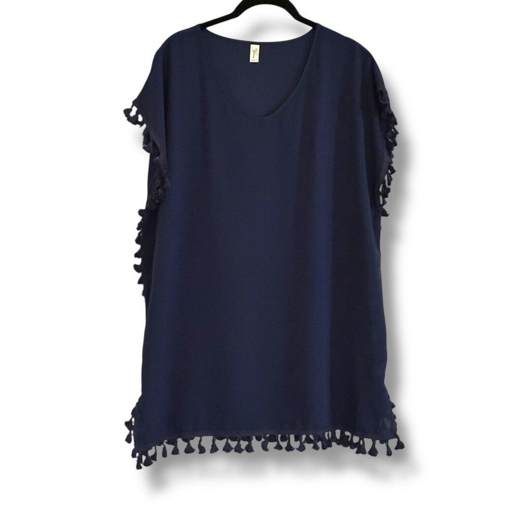 Yincro Women’s Fringe Tassel Swim Coverup Navy Blue XS Coastal Resort Wear